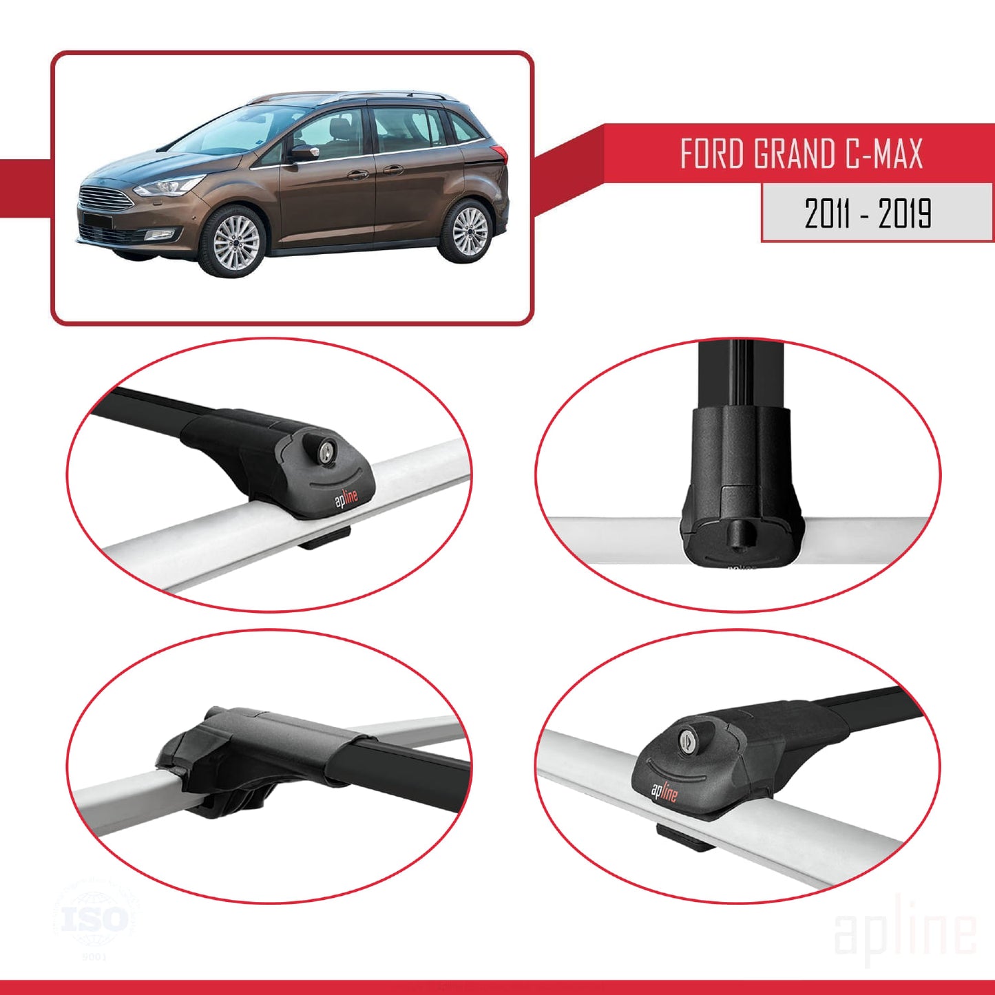 ACE-1 Dakdrager bagagedrager compatibel met Ford Grand C-Max (C344) 2011-2019 Spoorstaven Zwart Aluminium 3 Staven