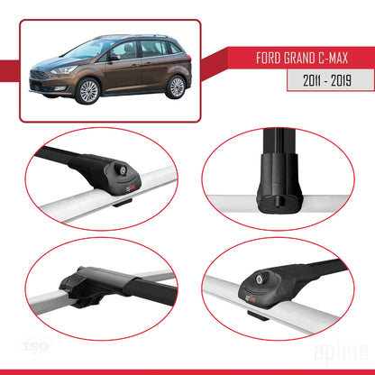 ACE-1 Dakdrager bagagedrager compatibel met Ford Grand C-Max (C344) 2011-2019 Spoorstaven Zwart Aluminium 3 Staven