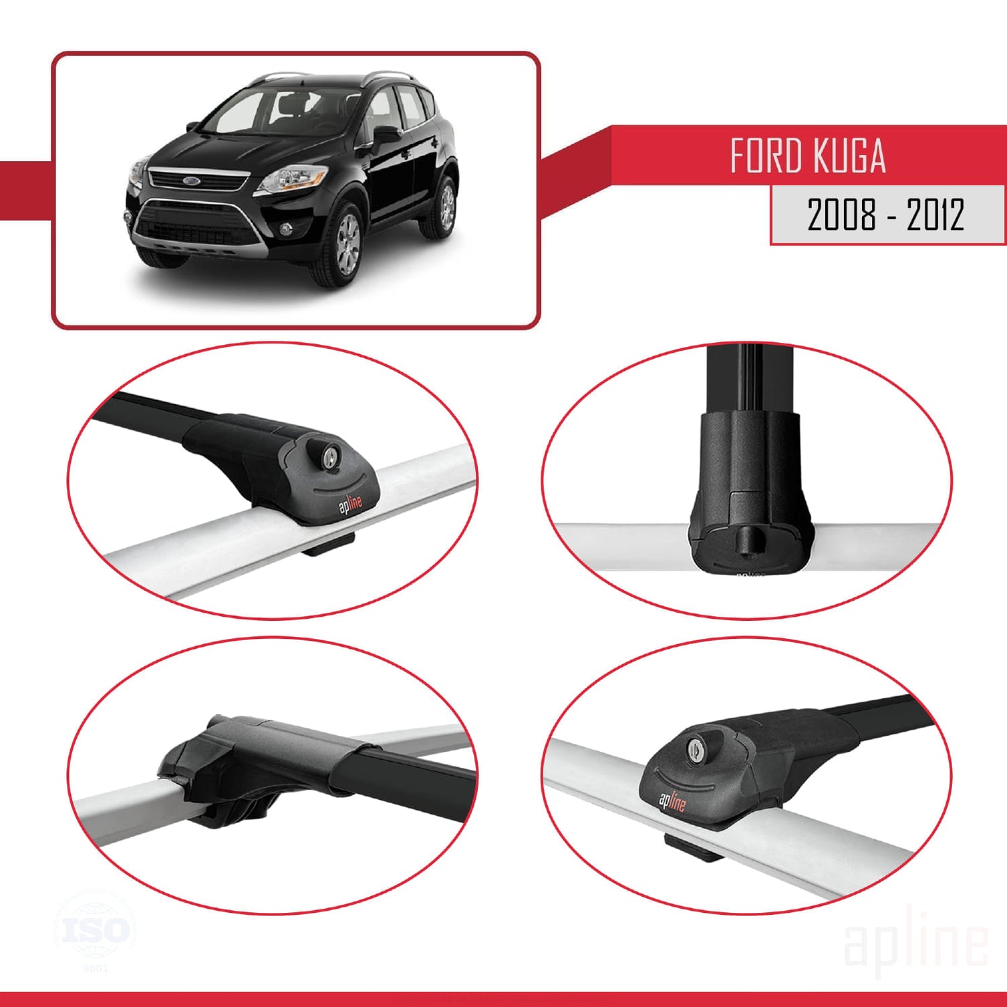 Compatible con Ford Kuga (C394) 2008-2012 ACE-1 Barras de Techo Auto Portaequipajes Barras Transversales Negro Aluminio 2 Barras