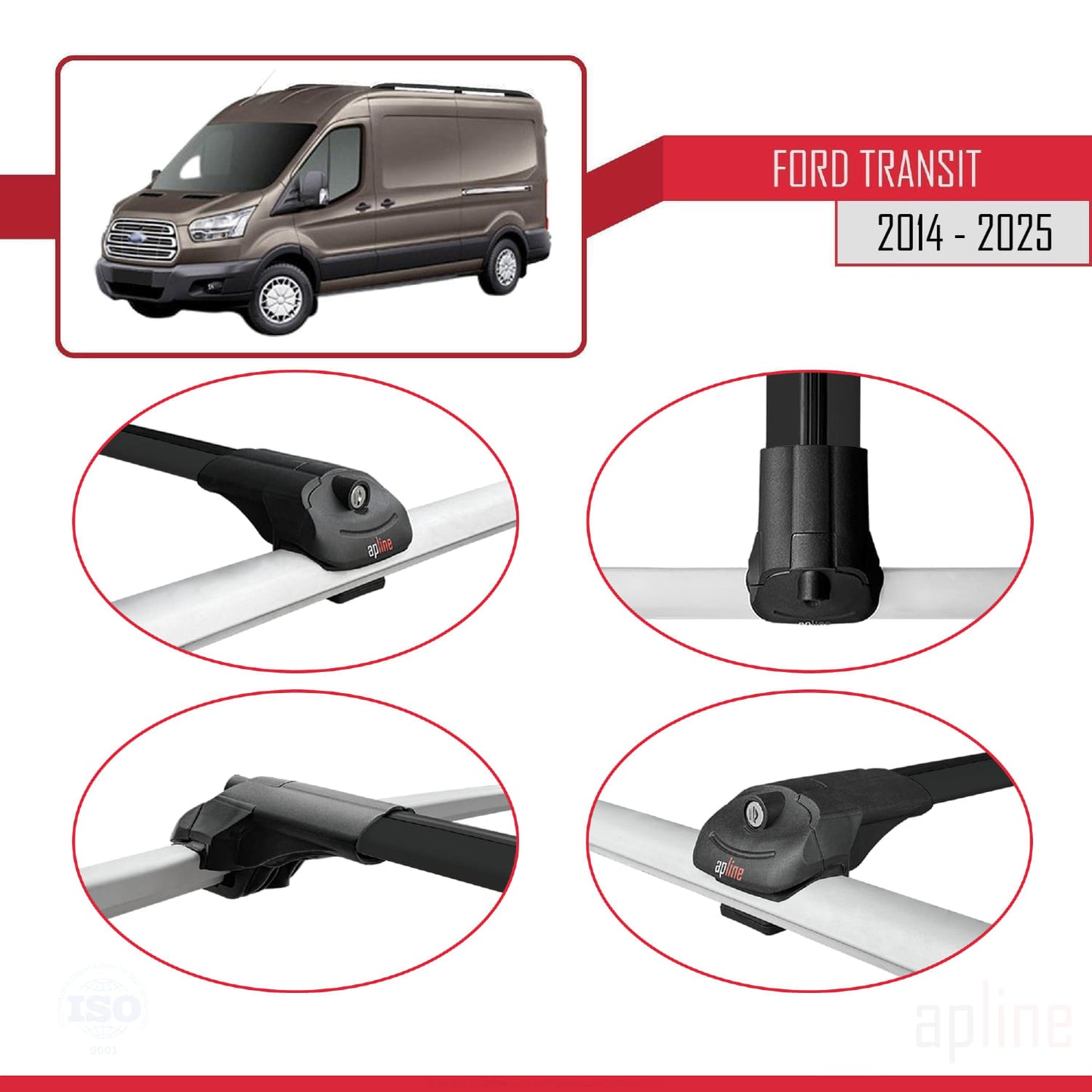 Compatible avec Ford Transit 2014-2025 ACE-1 Barres de Toit Railing Porte-Bagages de Voiture Noir Aluminium 3 Barres