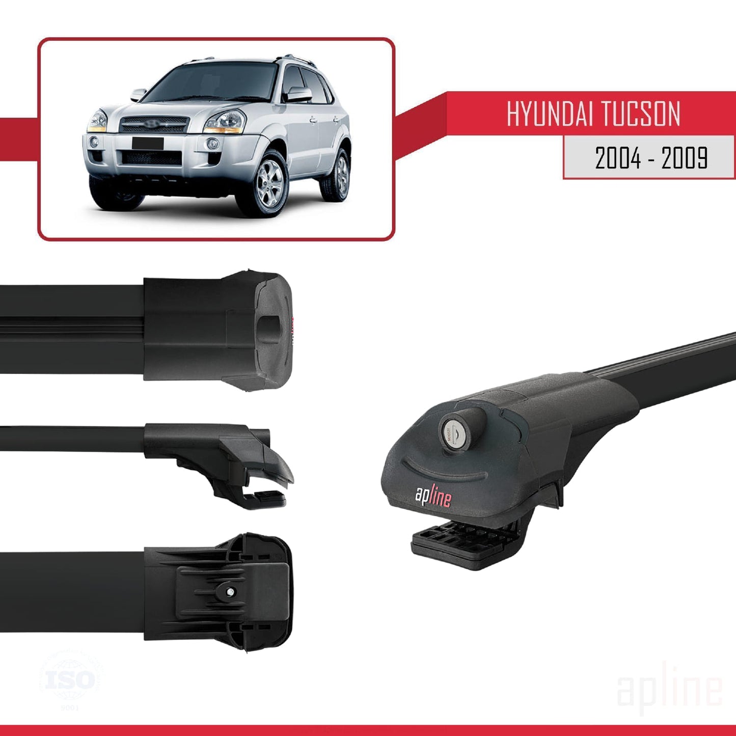 Compatibile con Hyundai Tucson (JM) 2004-2009 ACE-1 Barre portatutto per auto Portapacchi in alluminio nero 3 barre