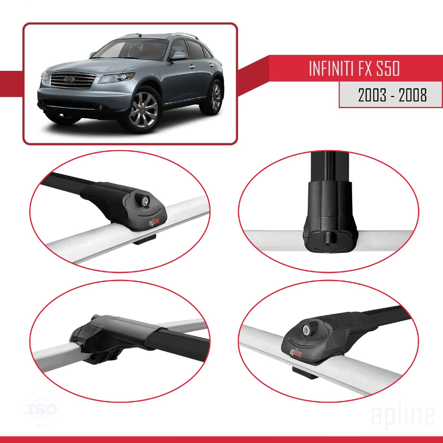 Compatible avec Infiniti FX (S50) 2003-2008 ACE-1 Barres de Toit Railing Porte-Bagages de Voiture Noir Aluminium 3 Barres