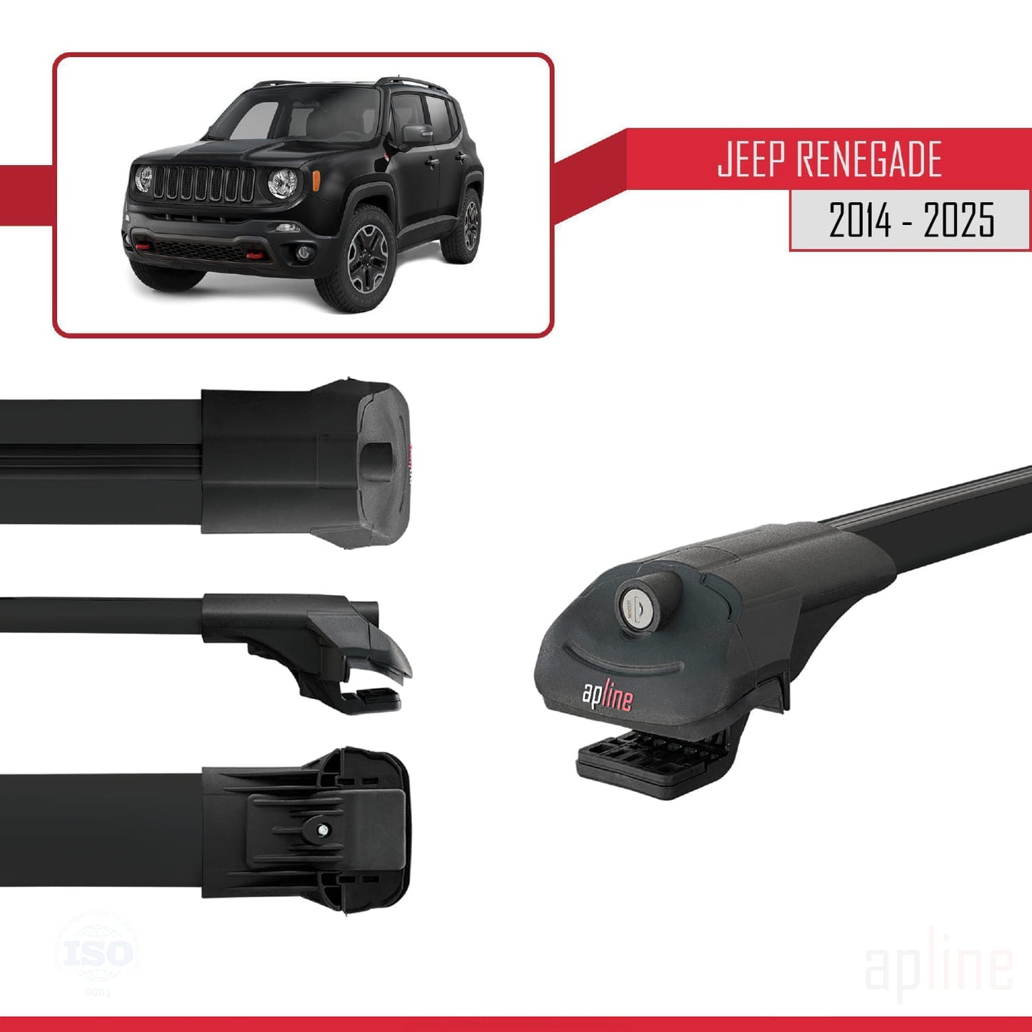 Compatible avec Jeep Renegade (BU) 2014-2025 ACE-1 Barres de Toit Railing Porte-Bagages de Voiture Noir Aluminium 3 Barres