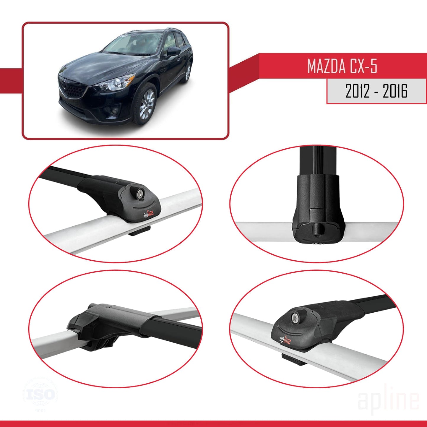 Compatible avec Mazda CX-5 I (KE) 2012-2016 ACE-1 Barres de Toit Railing Porte-Bagages de Voiture Noir Aluminium 2 Barres