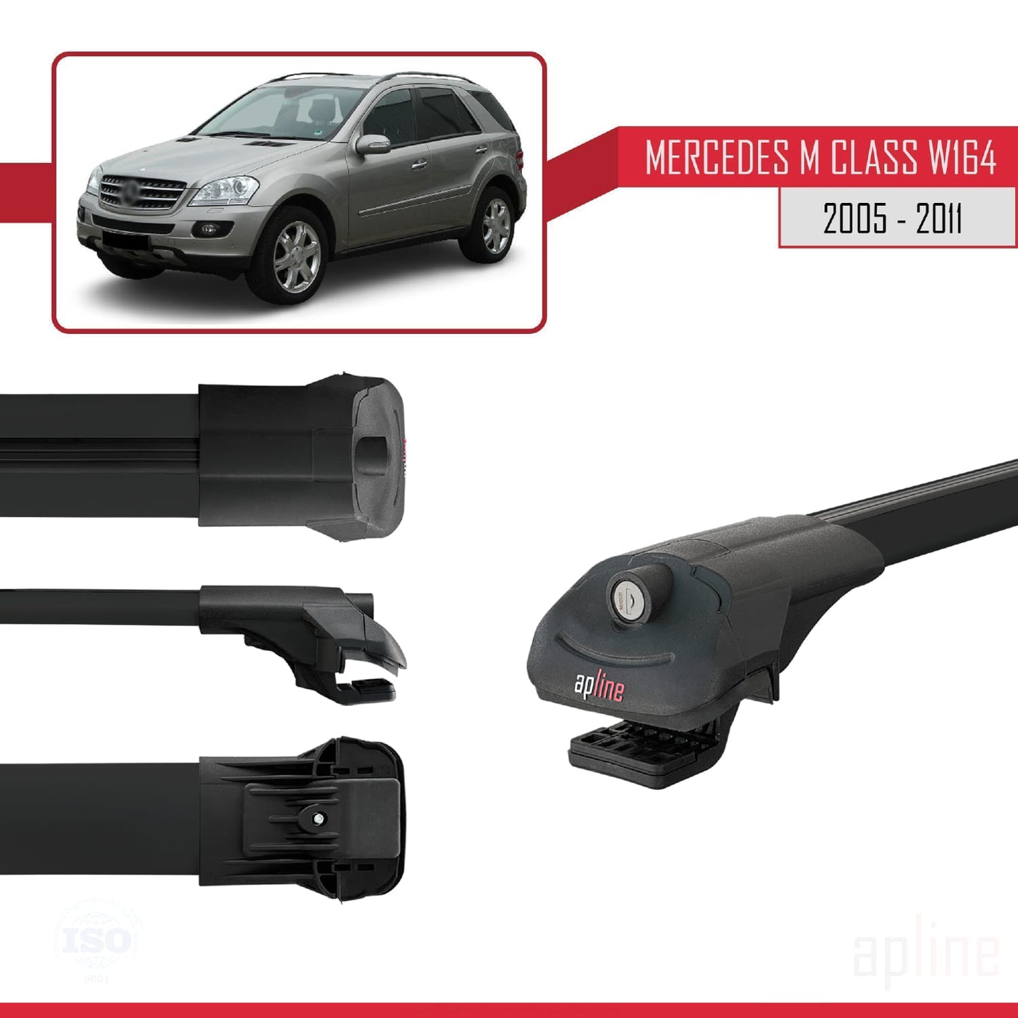 Compatible avec Mercedes Classe M 2 (W164) 2005-2011 ACE-1 Barres de Toit Railing Porte-Bagages de Voiture Noir Aluminium 3 Barres