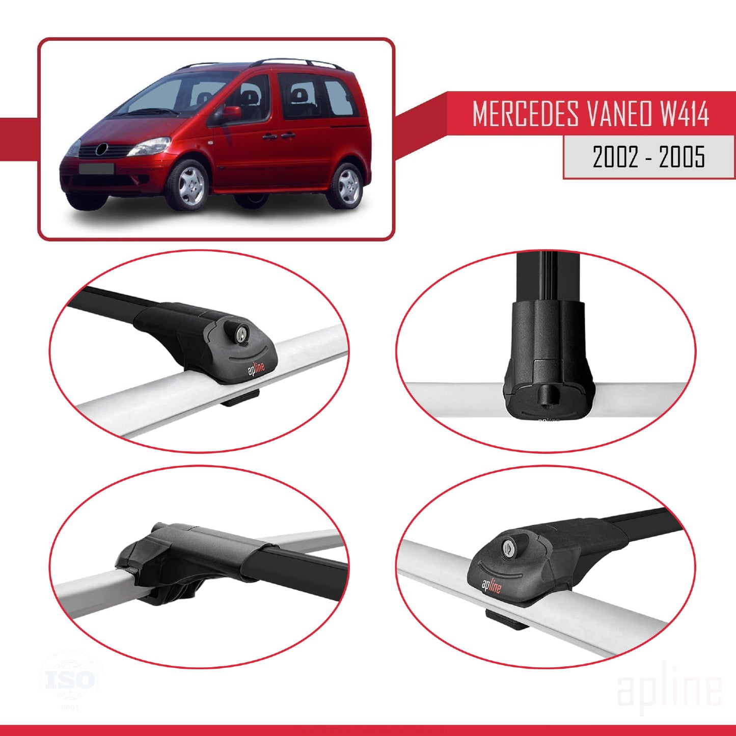 Compatible avec Mercedes Vaneo (W414) 2002-2005 ACE-1 Barres de Toit Railing Porte-Bagages de Voiture Noir Aluminium 2 Barres