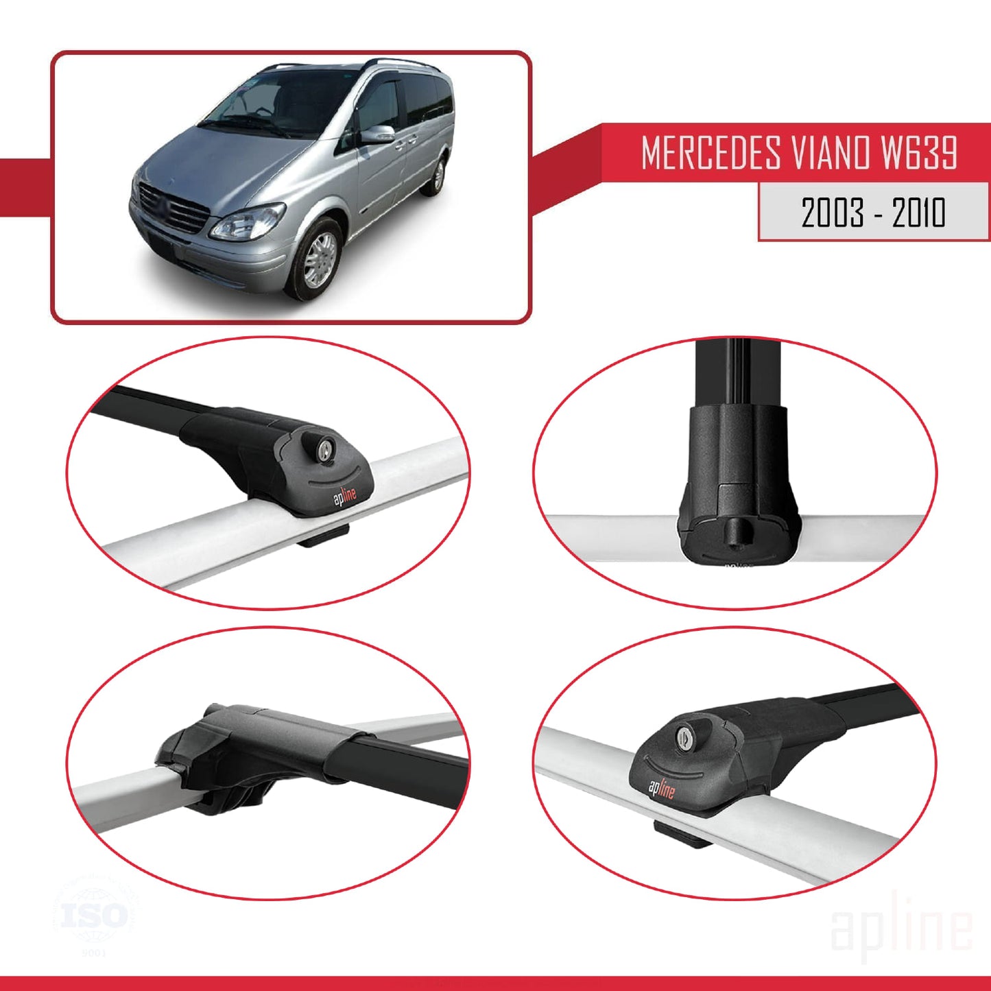 Compatible avec Mercedes Viano 2 (W639) Pre-Facelift 2003-2010 ACE-1 Barres de Toit Railing Porte-Bagages de Voiture Noir Aluminium 4 Barres