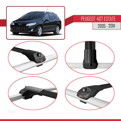Compatible avec Peugeot 407 Break 2005-2011 ACE-1 Barres de Toit Railing Porte-Bagages de Voiture Noir Aluminium 2 Barres