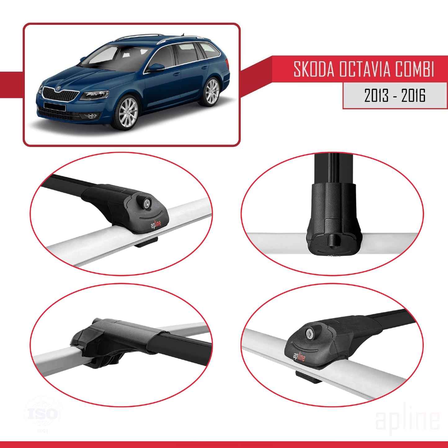 Compatible avec Skoda Octavia 3 (5E) Break Pre-Facelift 2013-2017 ACE-1 Barres de Toit Railing Porte-Bagages de Voiture Noir Aluminium 3 Barres