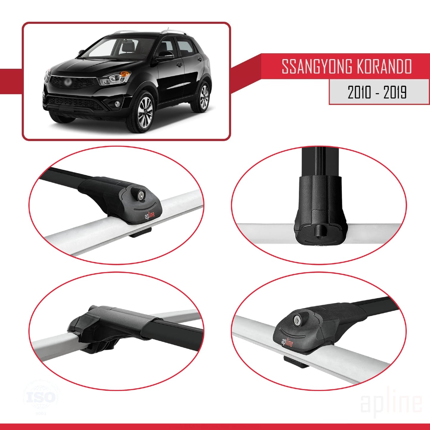 Compatible con Ssangyong Korando 3 (C200) 2010-2019 ACE-1 Barras de Techo Auto Portaequipajes Barras Transversales Negro Aluminio 3 Barras