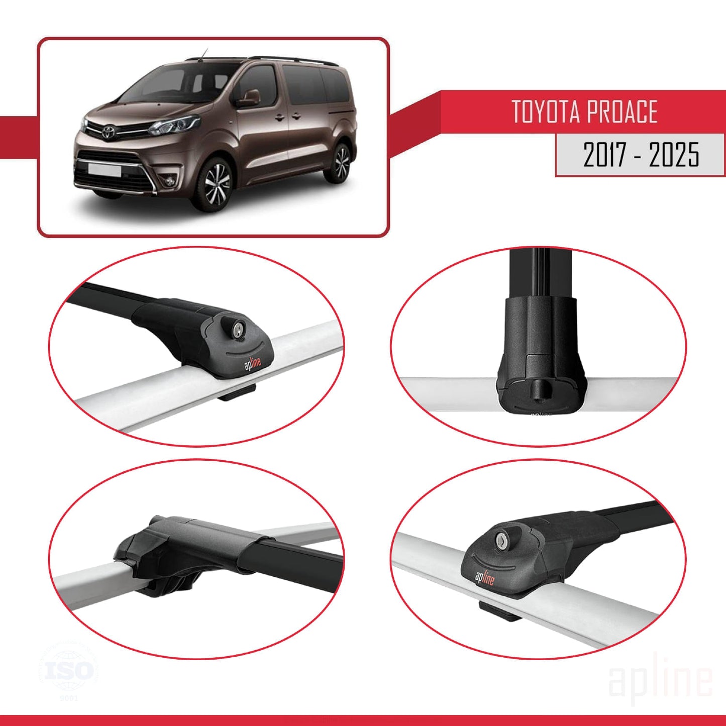Compatible avec Toyota Proace 2017-2025 ACE-1 Barres de Toit Railing Porte-Bagages de Voiture Noir Aluminium 3 Barres