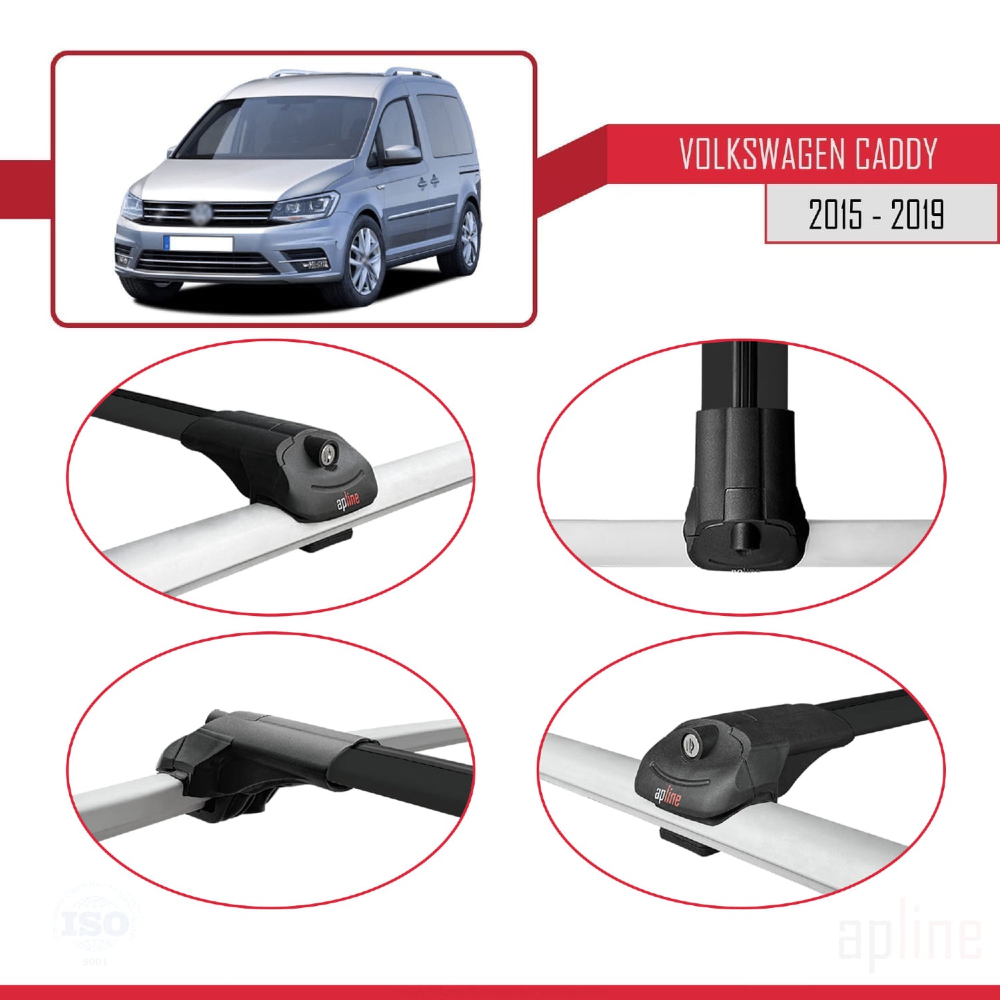 ACE-1 Dakdrager bagagedrager compatibel met Volkswagen Caddy 3 (SA) 2015-2019 Spoorstaven Zwart Aluminium 3 Staven