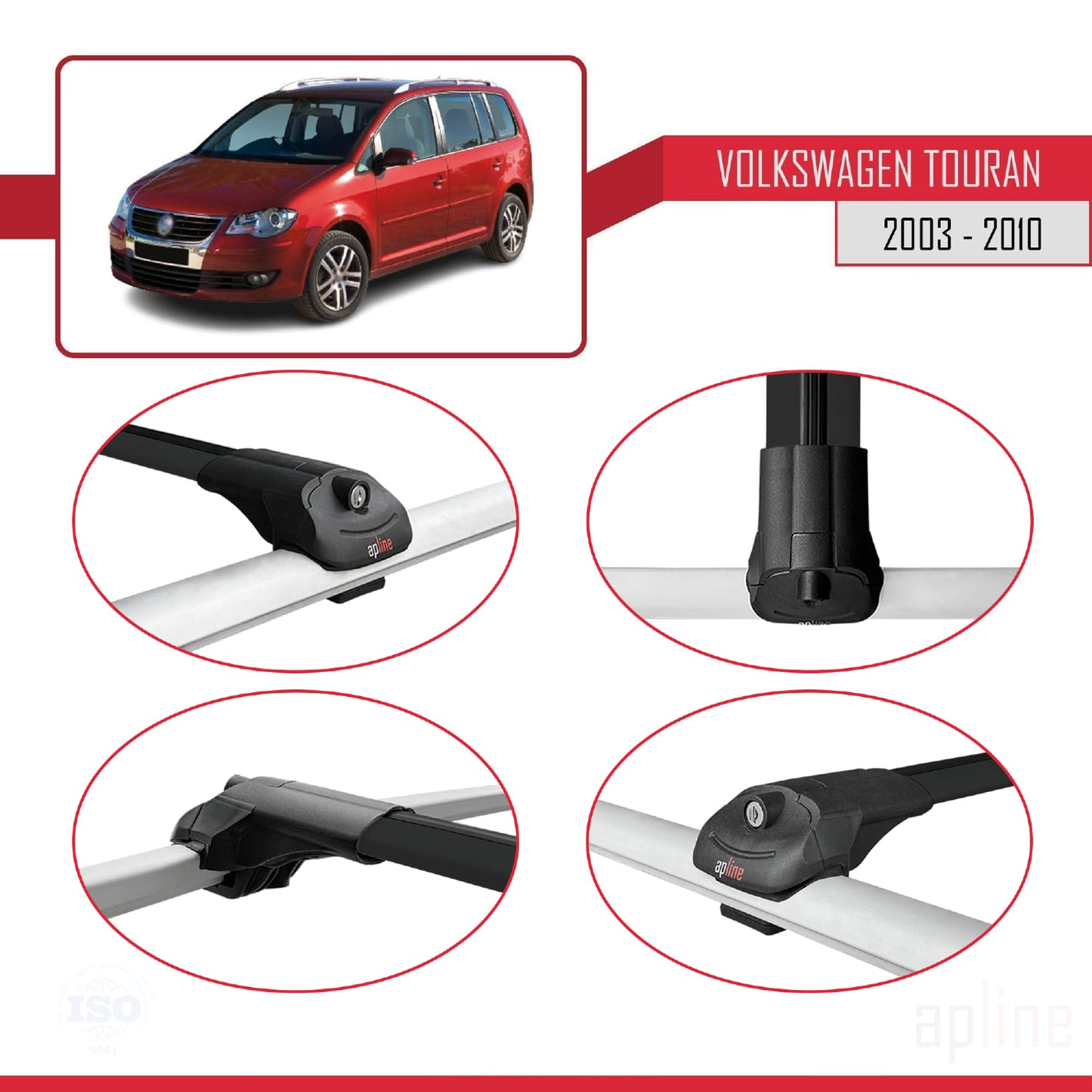 Compatible con Volkswagen Touran (1T) Pre-Facelift 2003-2010 ACE-1 Barras de Techo Auto Portaequipajes Barras Transversales Negro Aluminio 3 Barras