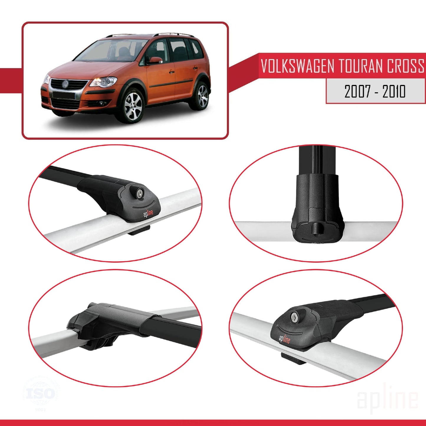 ACE-1 Dakdrager bagagedrager compatibel met Volkswagen Touran Cross Pre-Facelift 2007-2010 Spoorstaven Zwart Aluminium 3 Staven