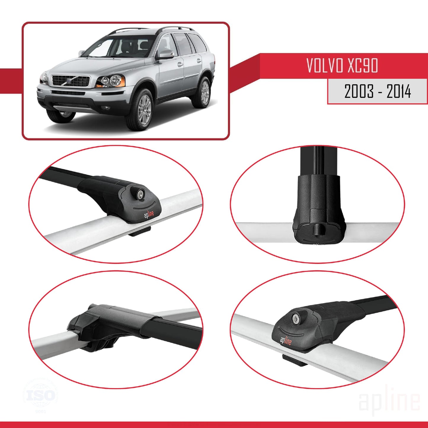 Compatibile con Volvo XC90 2003-2014 ACE-1 Barre Tetto Portapacchi Auto Barre Portatutto Nero Alluminio 3 Barre
