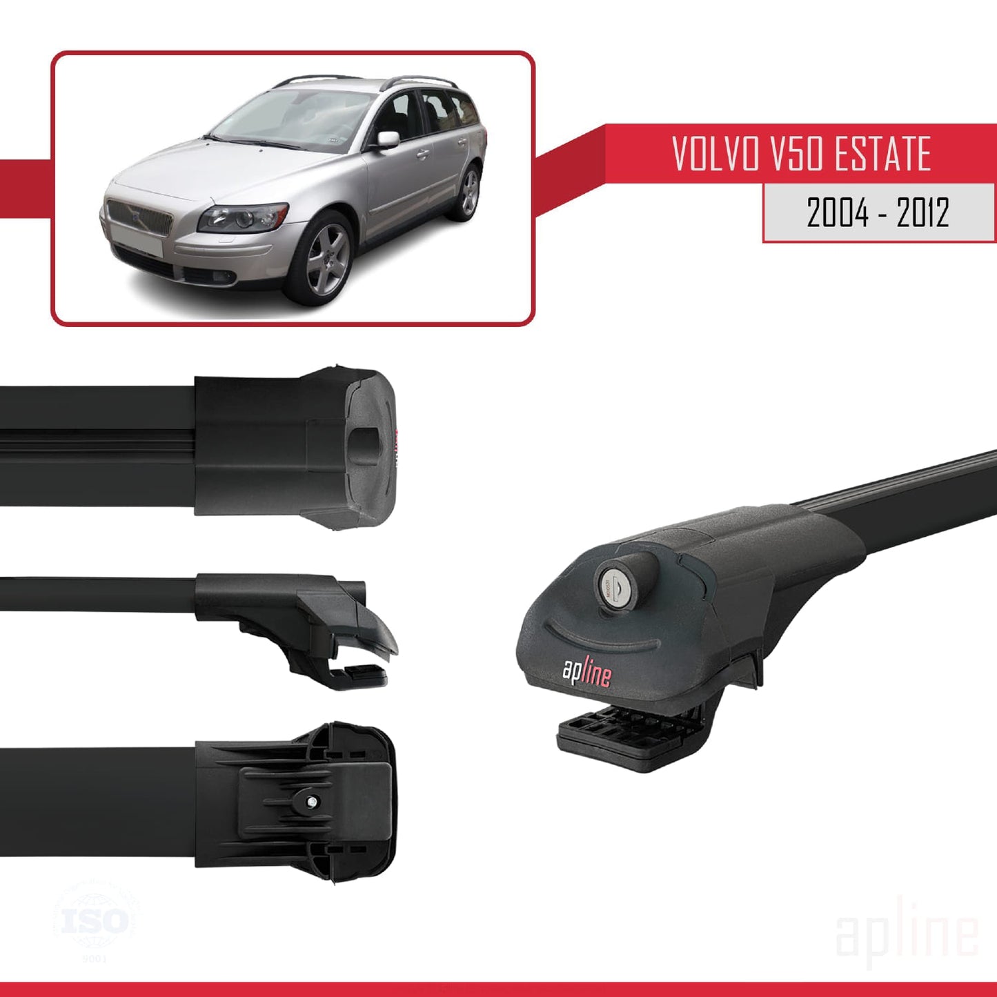 Compatible con Volvo V50 2004-2012 ACE-1 Barras de Techo Auto Portaequipajes Barras Transversales Negro Aluminio 3 Barras