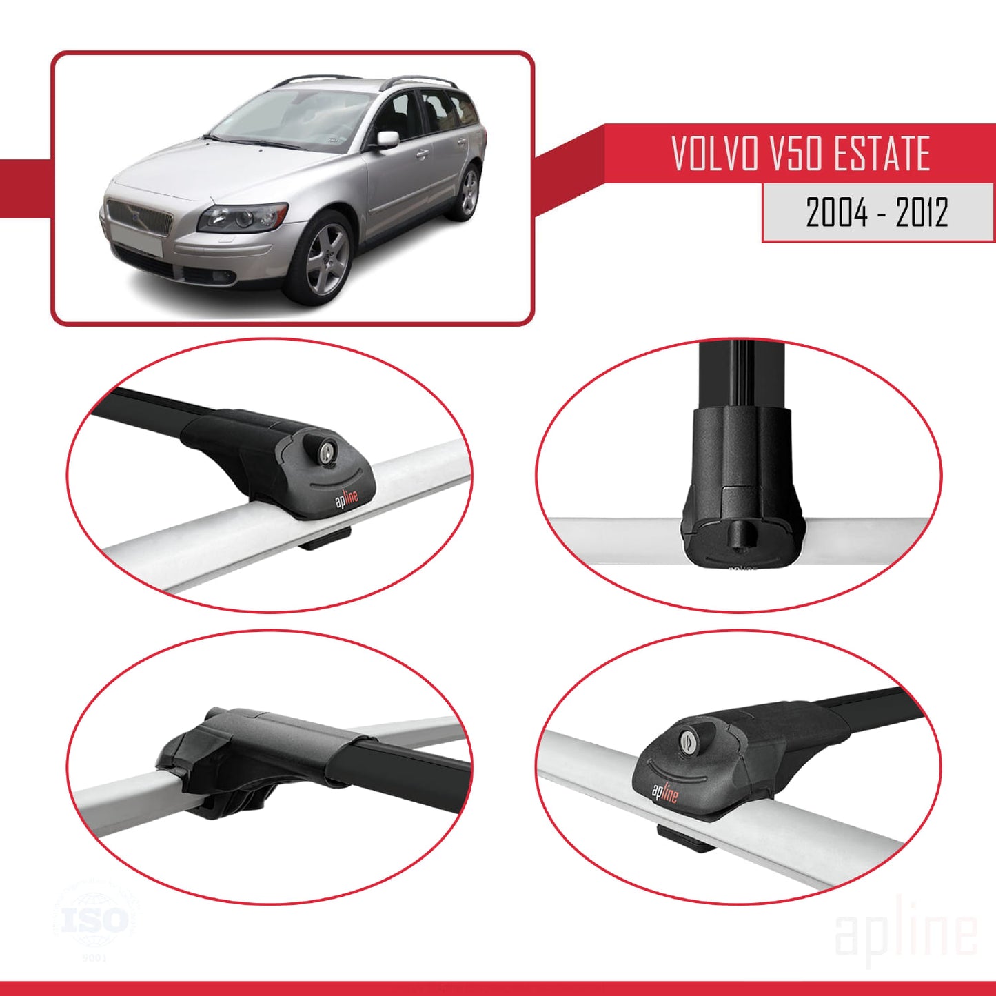 Compatible con Volvo V50 2004-2012 ACE-1 Barras de Techo Auto Portaequipajes Barras Transversales Negro Aluminio 3 Barras
