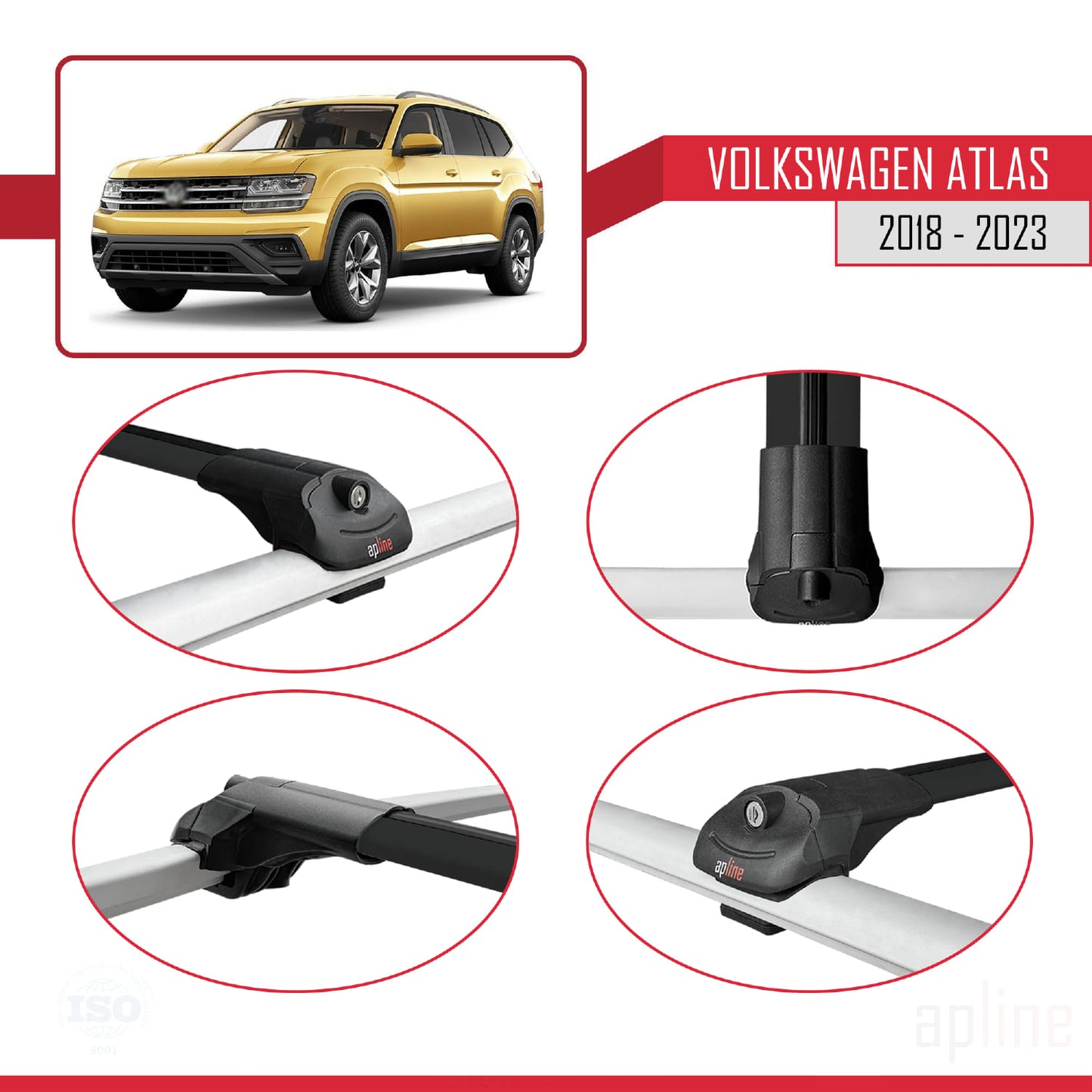 Compatible con Volkswagen Atlas (CA1) 2018-2023 ACE-1 Barras de Techo Auto Portaequipajes Barras Transversales Negro Aluminio 3 Barras