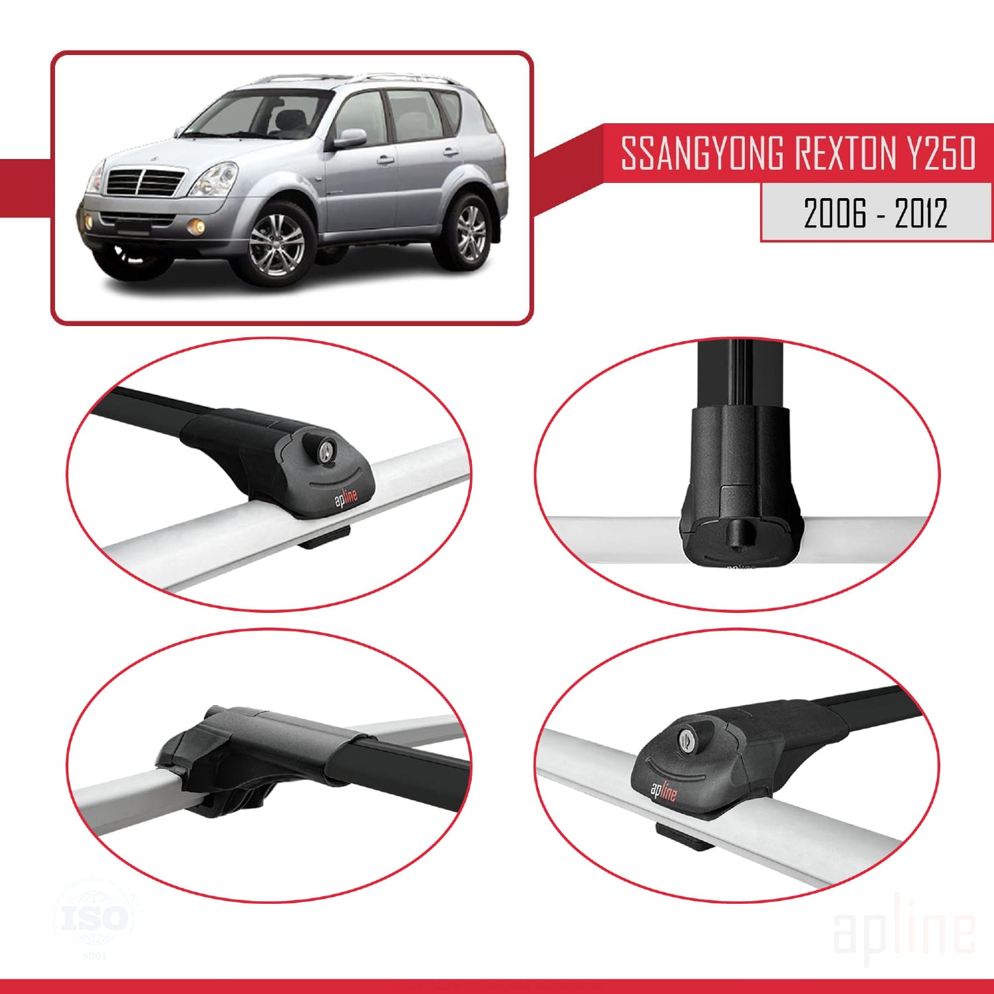 Compatible con Ssangyong Rexton (Y250) 2006-2012 ACE-1 Barras de Techo Auto Portaequipajes Barras Transversales Negro Aluminio 2 Barras