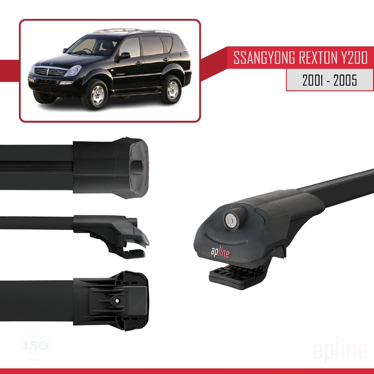 Compatible avec Ssangyong Rexton (Y200) 2001-2005 ACE-1 Barres de Toit Railing Porte-Bagages de Voiture Noir Aluminium 3 Barres