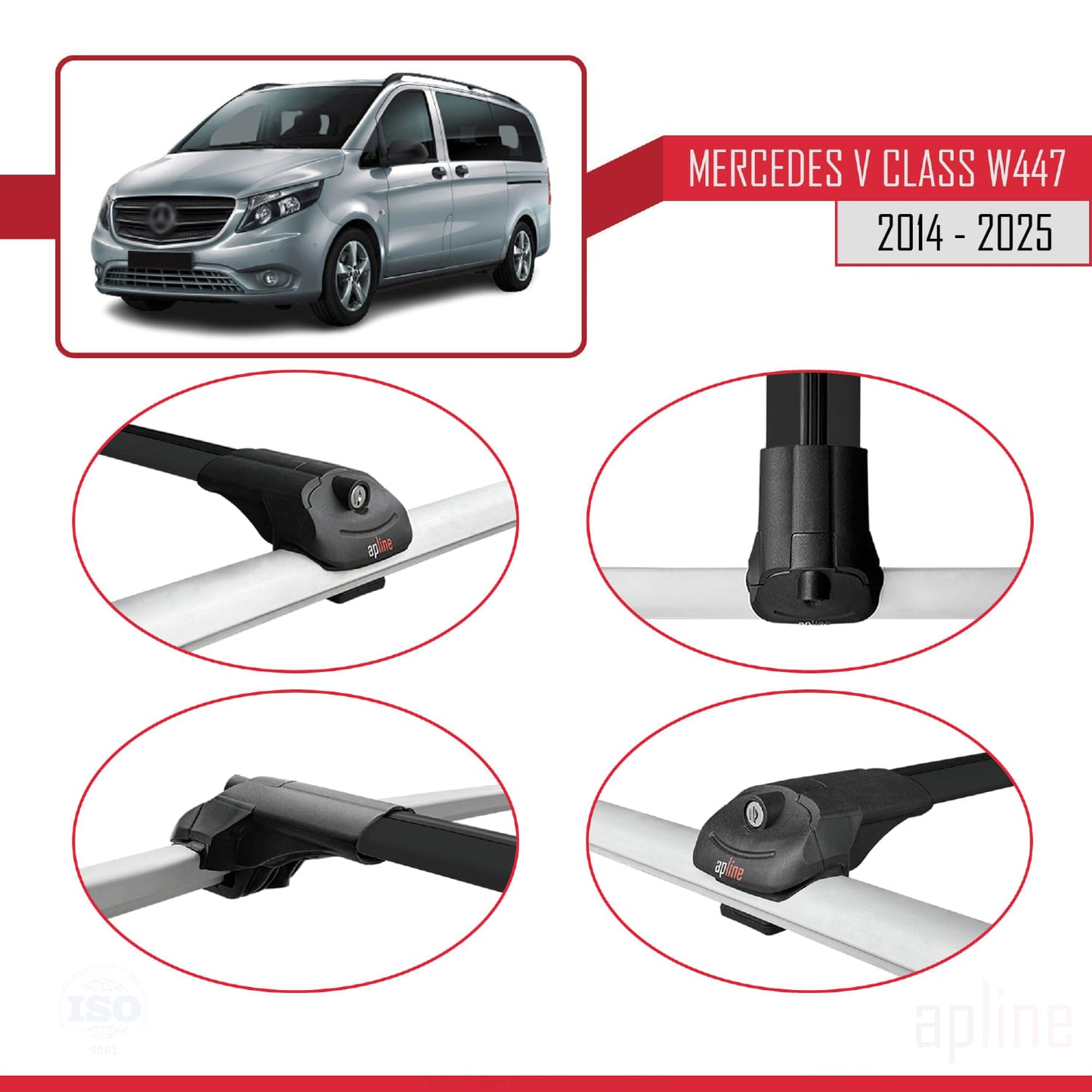 Compatible avec Mercedes Classe V 3 (W447) 2014-2025 ACE-1 Barres de Toit Railing Porte-Bagages de Voiture Noir Aluminium 4 Barres