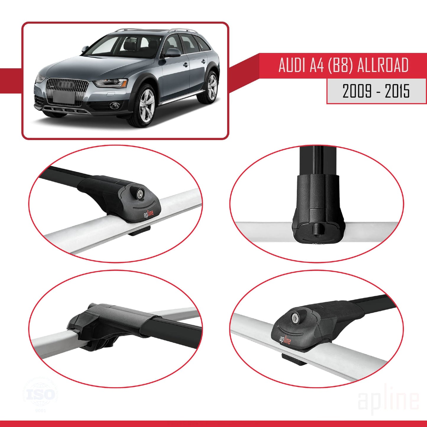 Kompatibel mit A4 (B8) Allroad 2009-2015 ACE-1 Dachgepäckträger, Reling, Gepäckträger, schwarzes Aluminium, 2 Stangen