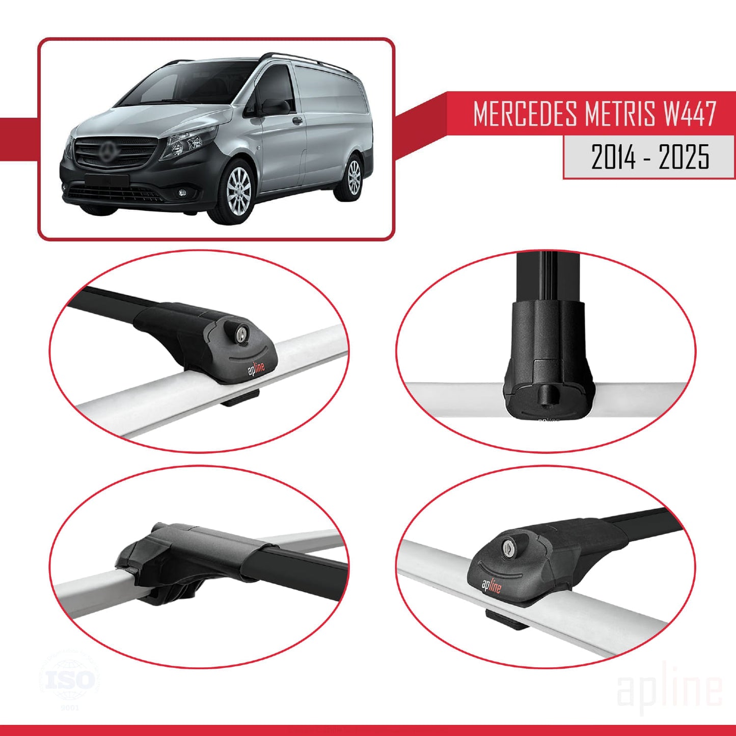 Compatible avec Mercedes Metris (W447) 2014-2025 ACE-1 Barres de Toit Railing Porte-Bagages de Voiture Noir Aluminium 2 Barres