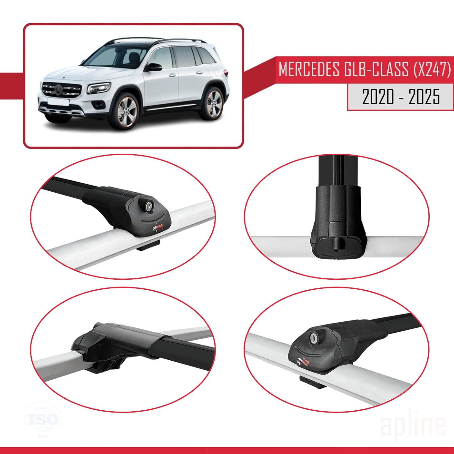 Compatible avec Mercedes Classe GLB (X247) 2020-2025 ACE-1 Barres de Toit Railing Porte-Bagages de Voiture Noir Aluminium 2 Barres