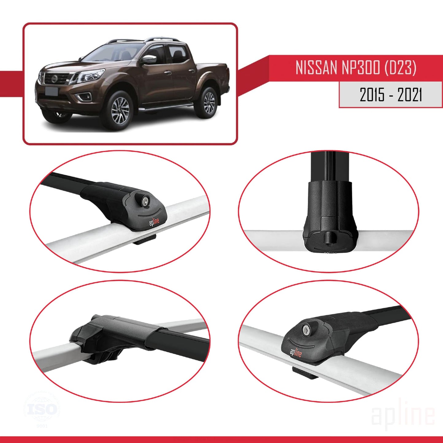 Compatible avec Nissan NP300 (D23) 2015-2021 ACE-1 Barres de Toit Railing Porte-Bagages de Voiture Noir Aluminium 2 Barres