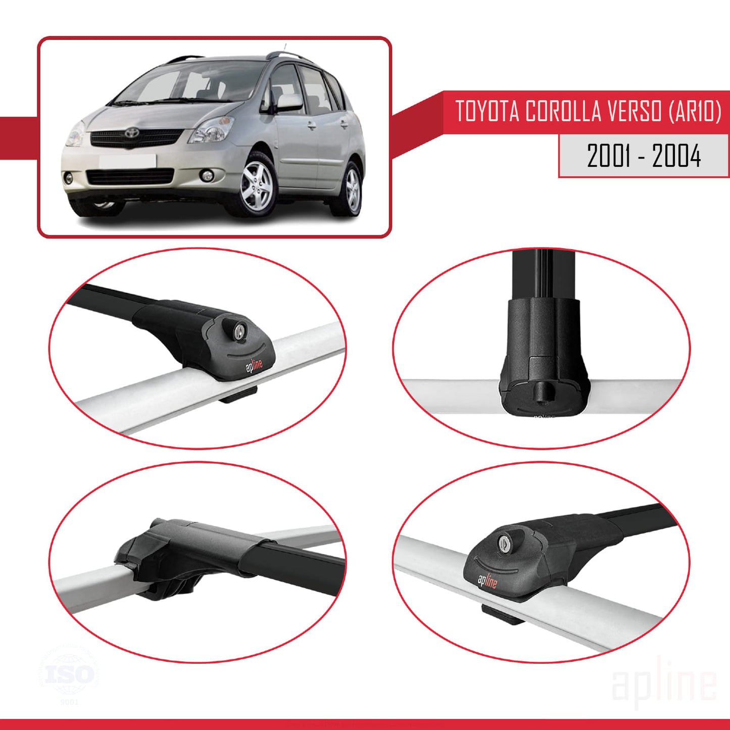 Compatible avec Toyota Corolla Verso (E120) 2001-2004 ACE-1 Barres de Toit Railing Porte-Bagages de Voiture Noir Aluminium 3 Barres