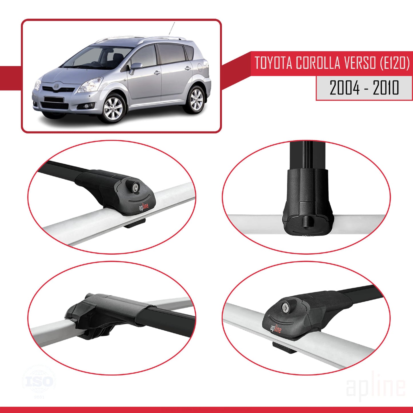 Compatibile con Toyota Corolla Verso 2 (AR10) 2004-2010 ACE-1 Barre Tetto Portapacchi Auto Barre Portatutto Nero Alluminio 3 Barre