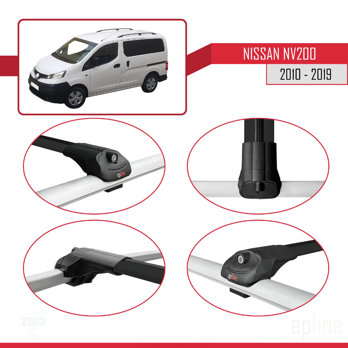 Kompatibel mit Nissan NV200 (M20) 2010-2019 ACE-1 Relingträger Dachträger Auto Gepäckträger Schwarz Aluminium 4 Stangen
