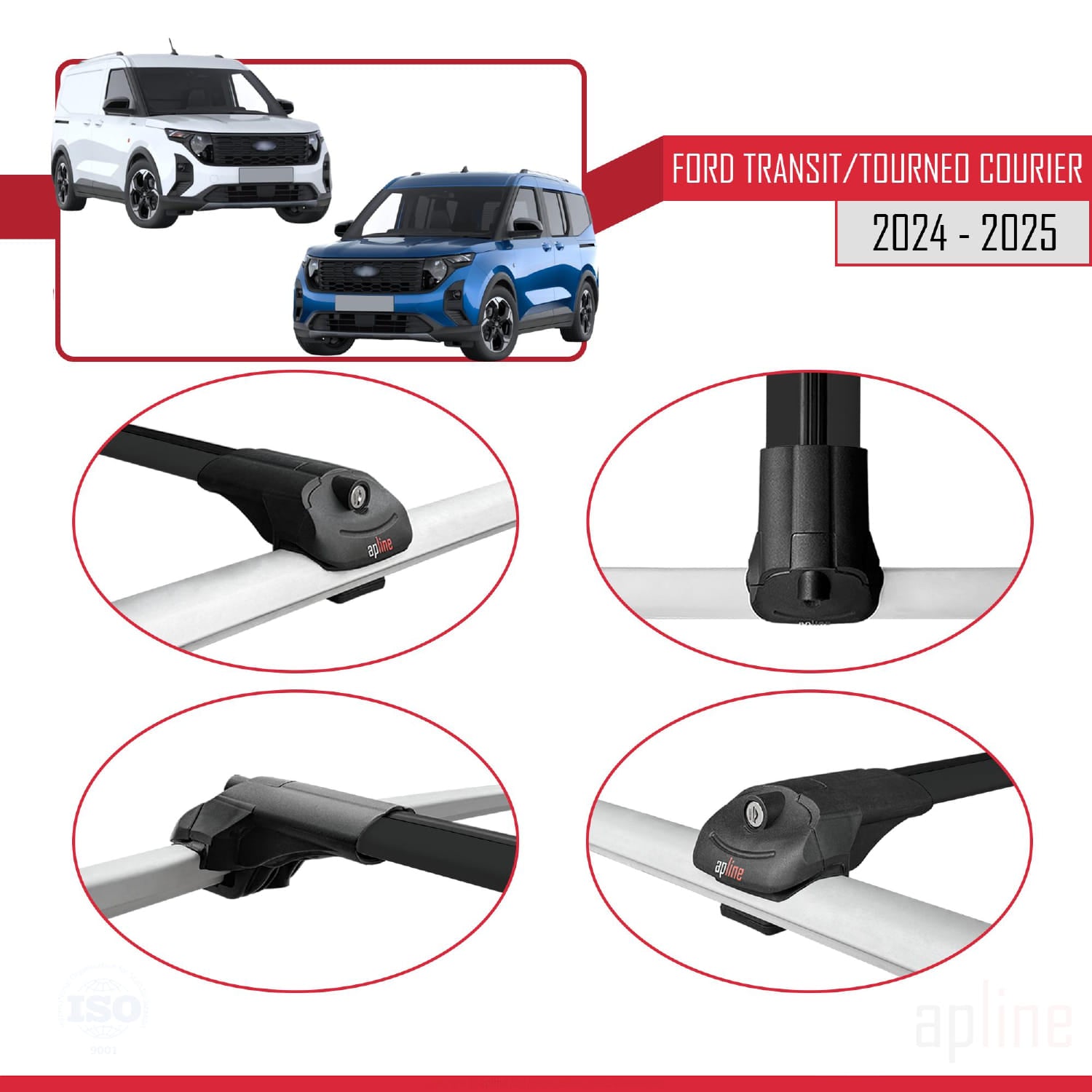 Compatible avec Ford Transit / Tourneo Courier 2024-2025 ACE-1 Barres de Toit Railing Porte-Bagages de Voiture Noir Aluminium 2 Barres