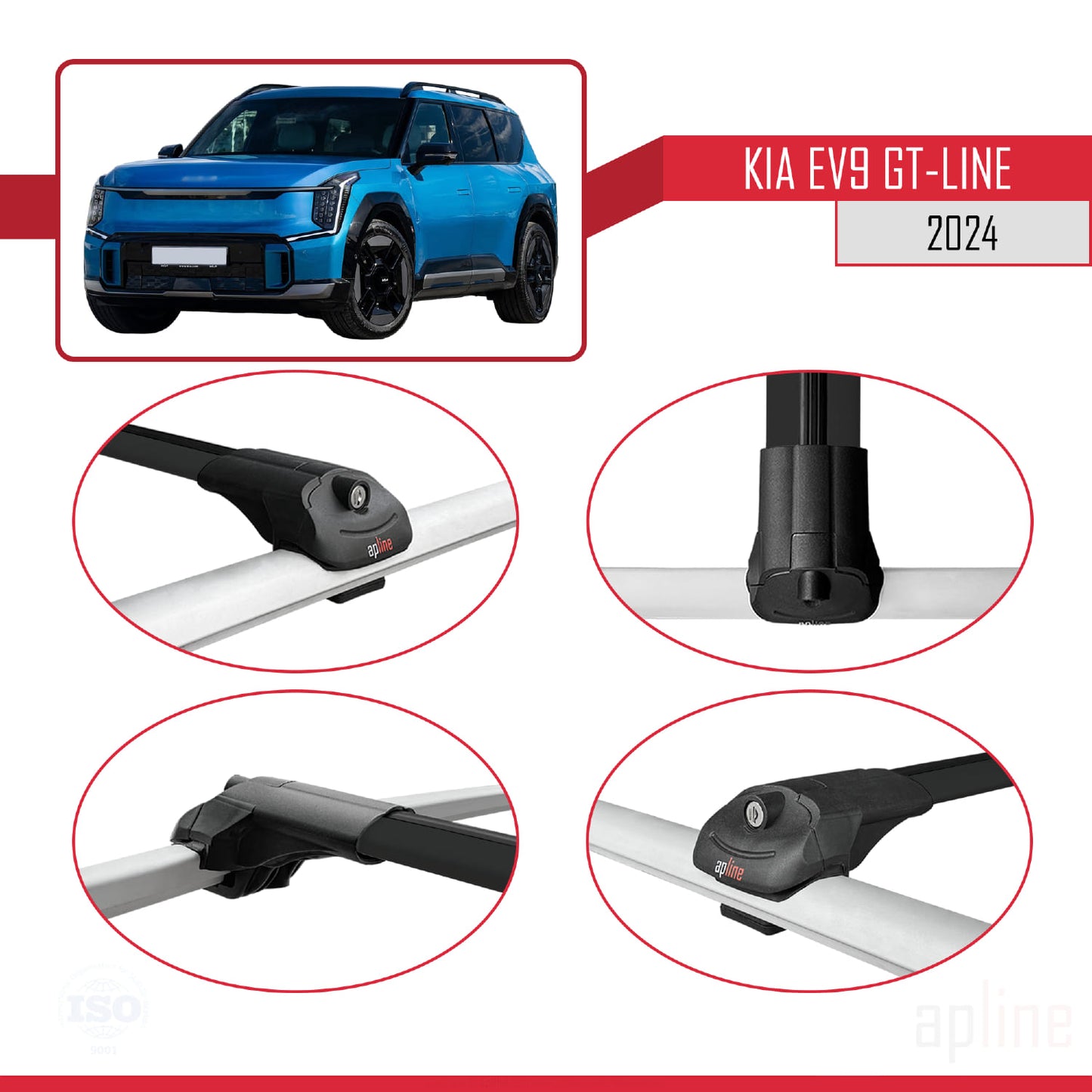 Compatible avec KIA EV9 GT-LINE 2024-2025 ACE-1 Barres de Toit Railing Porte-Bagages de Voiture Noir Aluminium 4 Barres