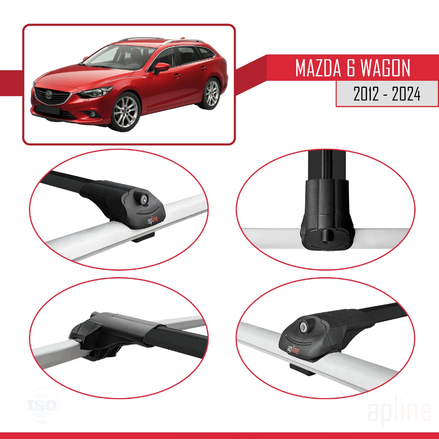 Compatible avec Mazda 6 Wagon 2012-2024 ACE-1 Barres de Toit Railing Porte-Bagages de Voiture Noir Aluminium 3 Barres