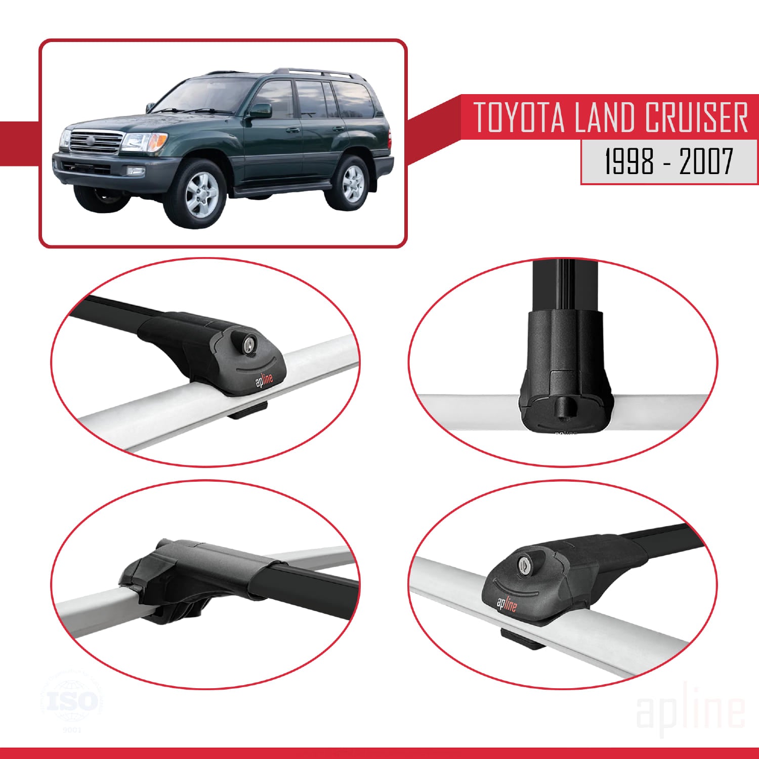 Compatible avec Toyota Land Cruiser 1998-2007 ACE-1 Barres de Toit Railing Porte-Bagages de Voiture Noir Aluminium 3 Barres
