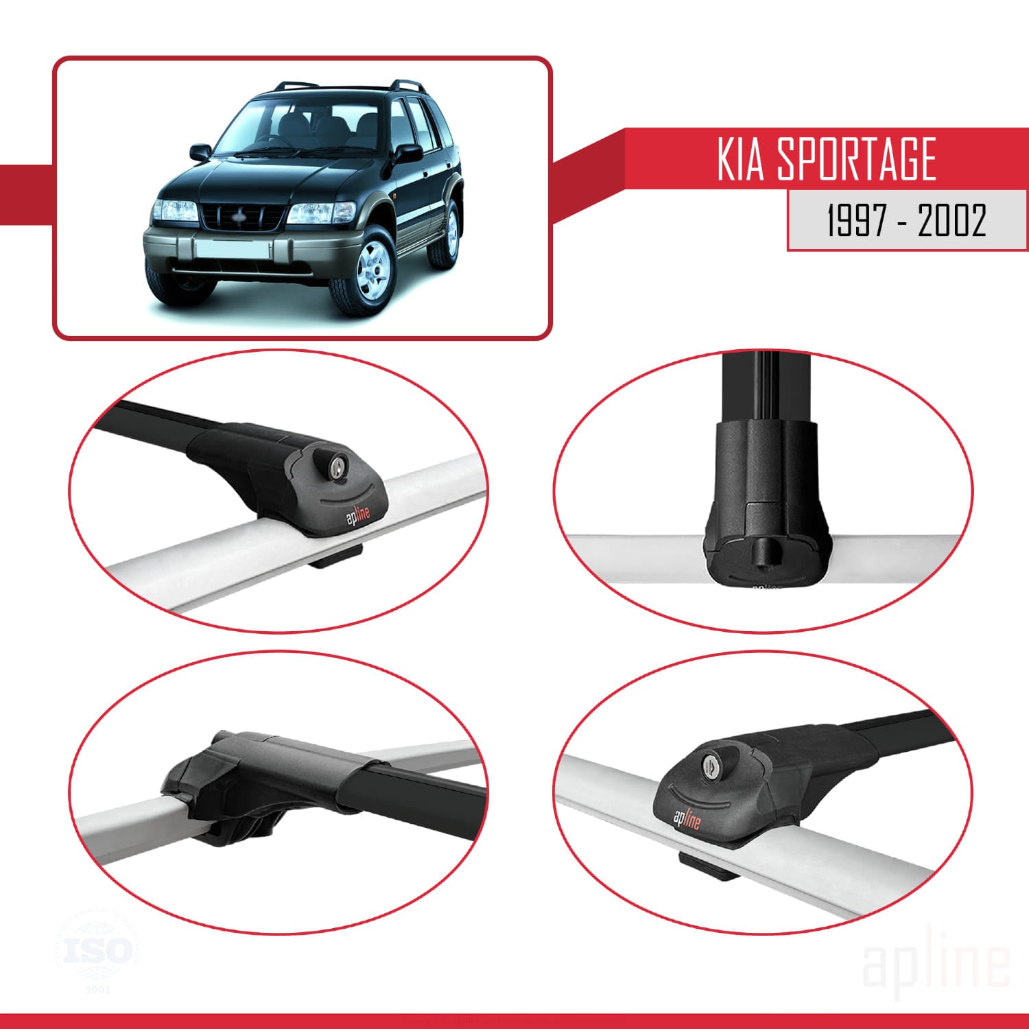 Compatible avec Kia Sportage 1997-2002 ACE-1 Barres de Toit Railing Porte-Bagages de Voiture Noir Aluminium 2 Barres