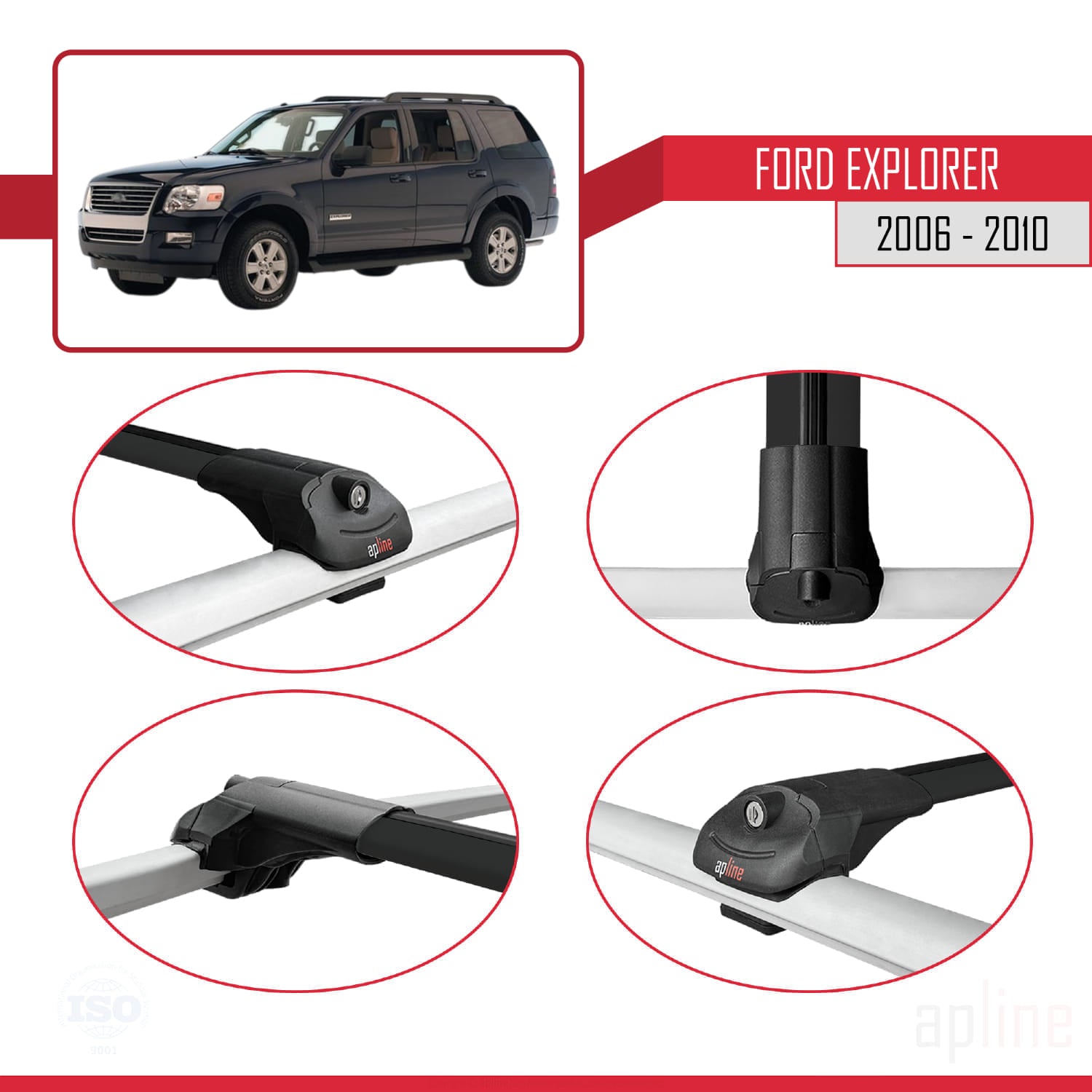 Compatible avec Ford Explorer 2006-2010 ACE-1 Barres de Toit Railing Porte-Bagages de Voiture Noir Aluminium 2 Barres