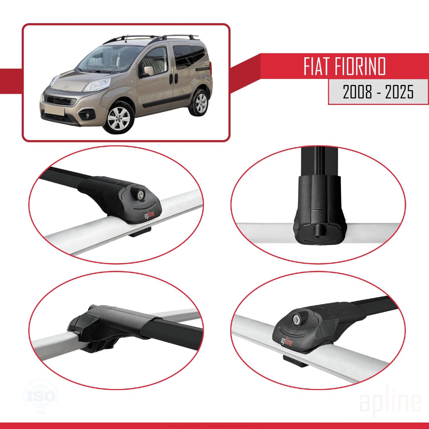 Compatible avec Fiat Fiorino (Modèle Tubulaire) 2008-2025 ACE-1 Barres de Toit Railing Porte-Bagages de Voiture Noir Aluminium 4 Barres