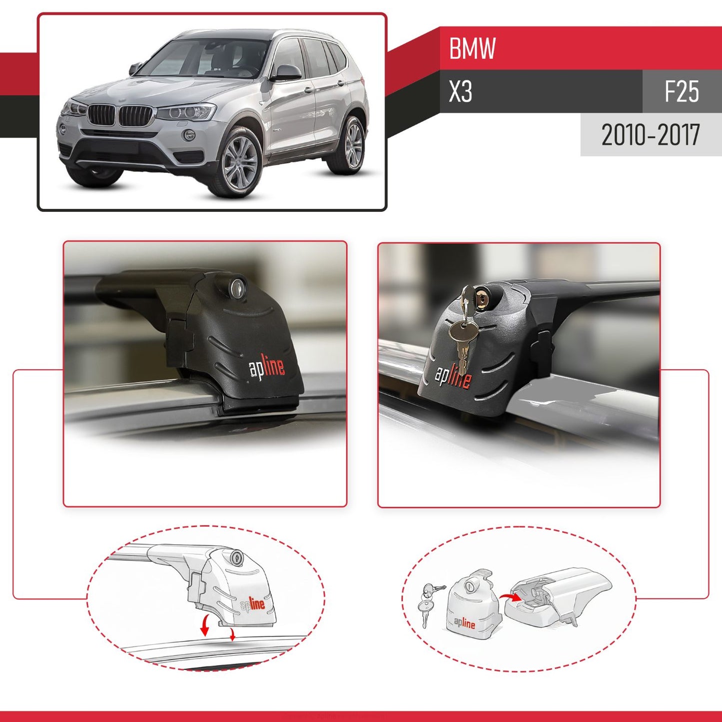 Compatible avec BMW X3 (F25) 2010-2017 ACE-2 modèle Barres de Toit Railing Porte-Bagages de Voiture Noir Aluminium Barres