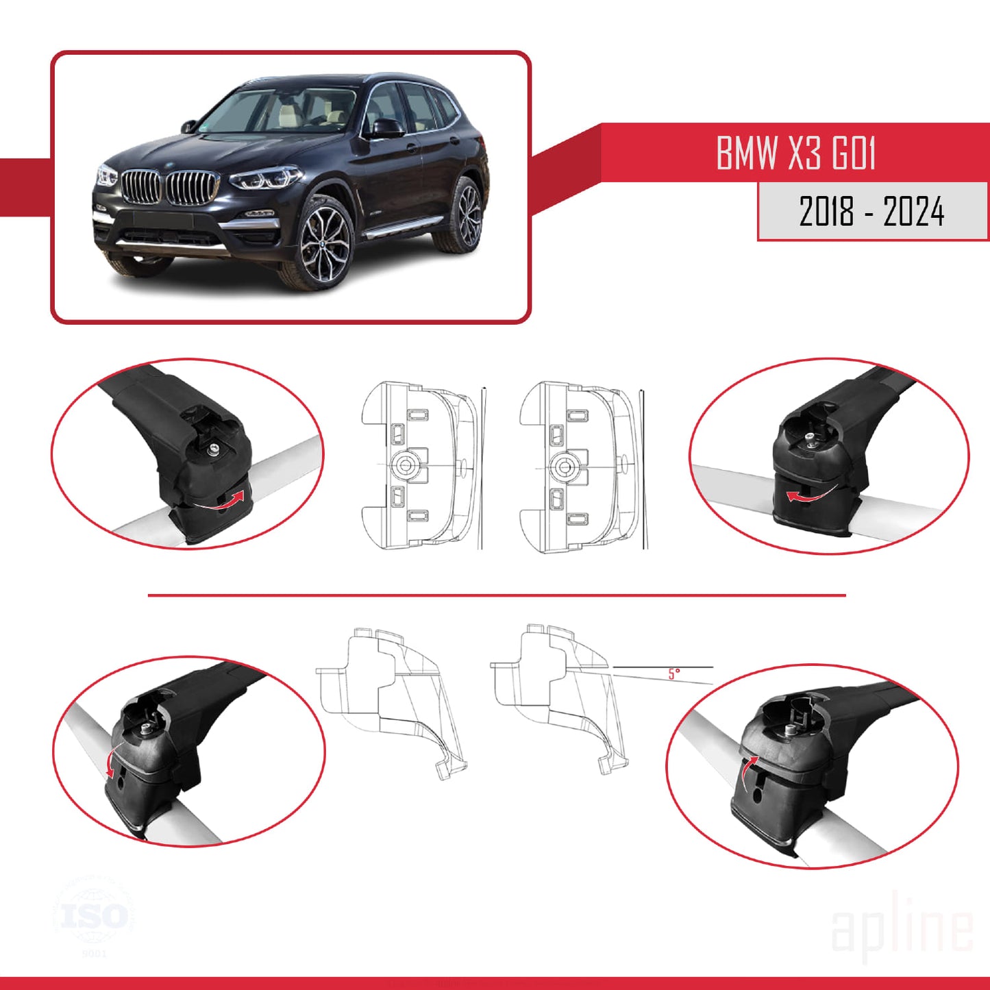 ACE-2 Dakdrager bagagedrager compatibel met BMW X3 (G01) 2018-2024 Spoorstaven Zwart Aluminium 2 Staven