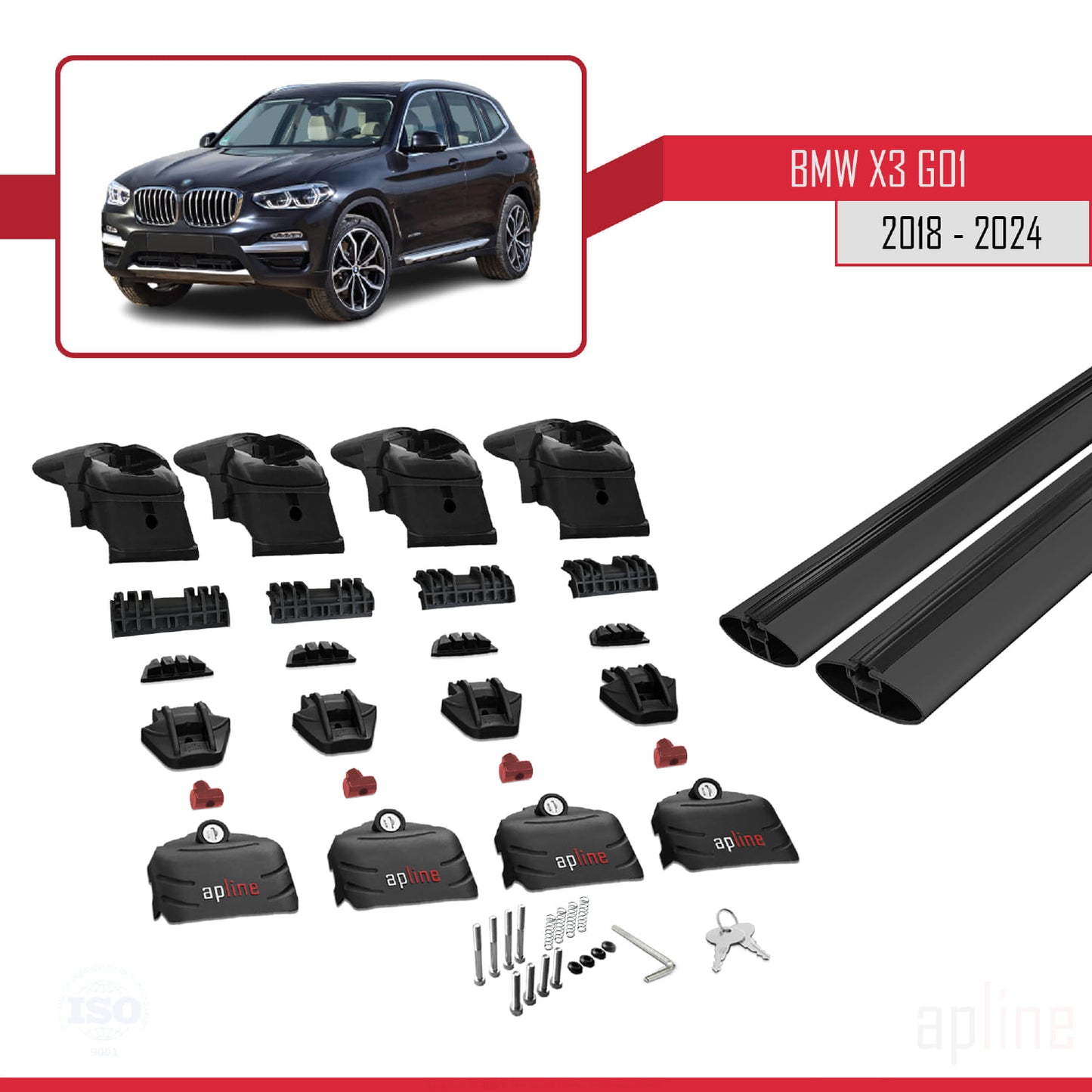 ACE-2 Dakdrager bagagedrager compatibel met BMW X3 (G01) 2018-2024 Spoorstaven Zwart Aluminium 2 Staven