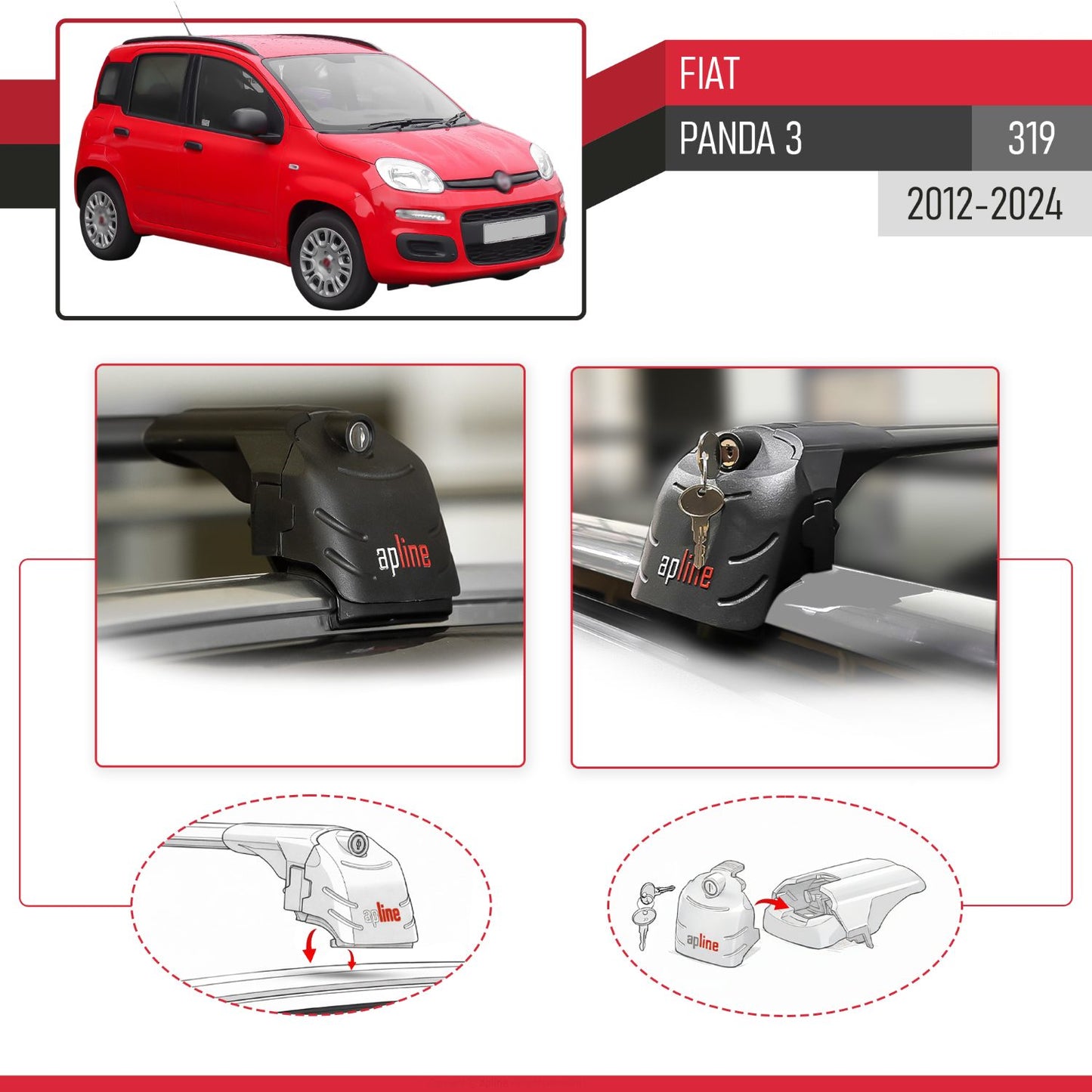 Compatible avec Fiat Panda 3 (319) 2012-2024 ACE-2 modèle Barres de Toit Railing Porte-Bagages de Voiture Noir Aluminium Barres