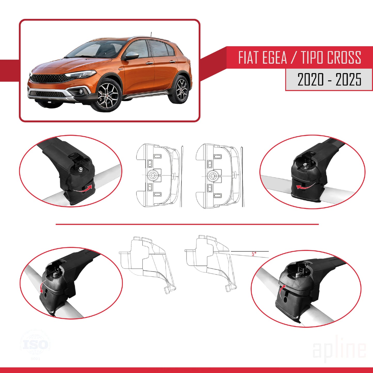 Kompatibel mit Fiat Egea Cross 2020-2025 ACE-2 Relingträger Dachträger Auto Gepäckträger Schwarz Aluminium 2 Stangen