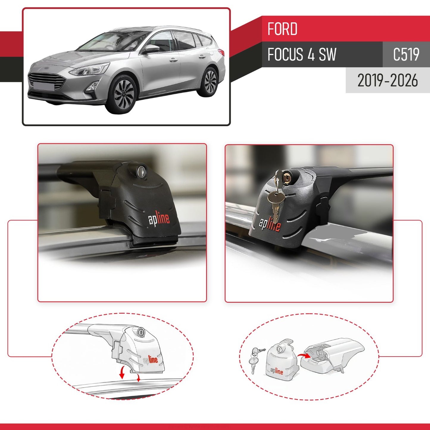 Kompatibel mit Ford Focus 4 (C519) Combi 2019-2025 ACE-2 Relingträger Dachträger Auto Gepäckträger Schwarz Aluminium 2 Stangen