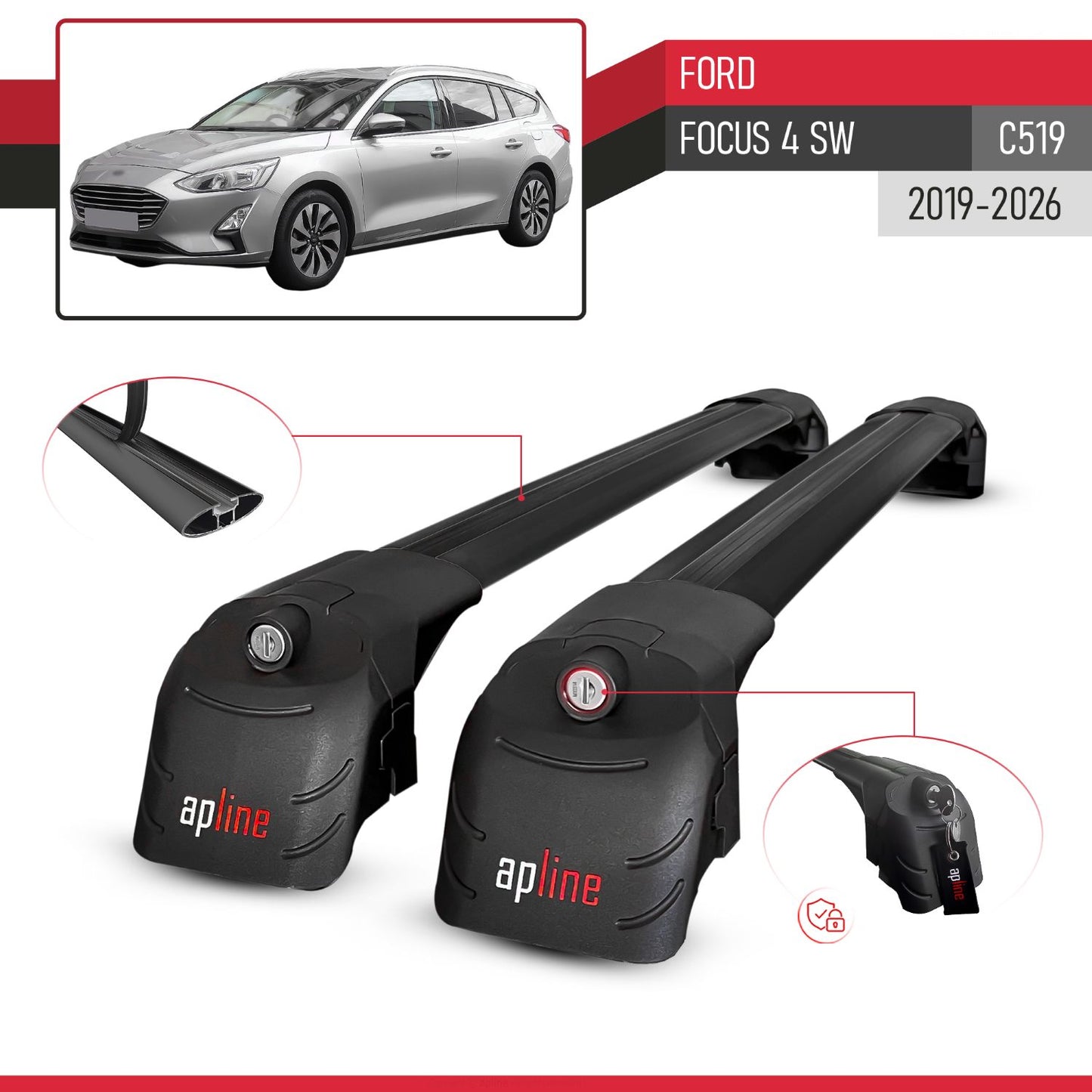 Kompatibel mit Ford Focus 4 (C519) Combi 2019-2025 ACE-2 Relingträger Dachträger Auto Gepäckträger Schwarz Aluminium 2 Stangen