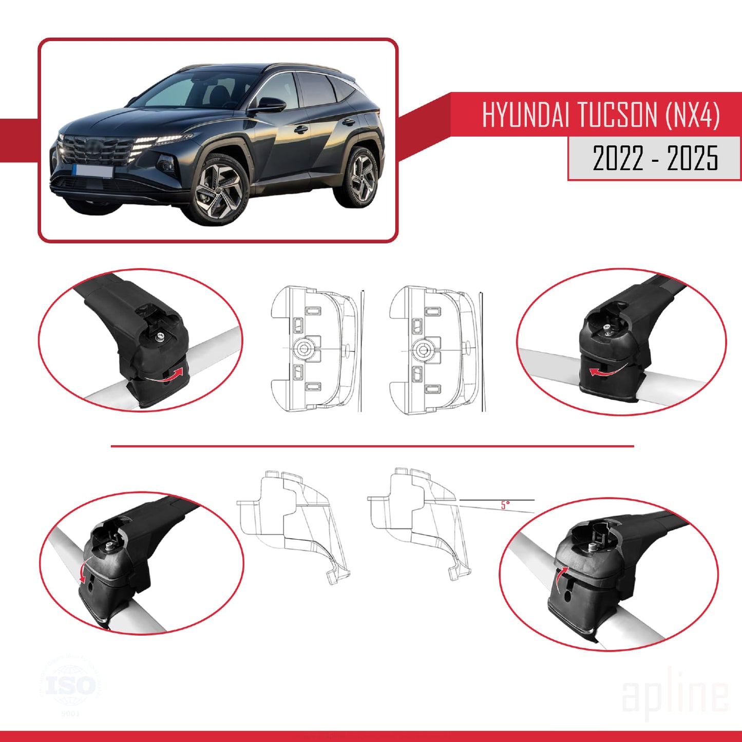 Kompatibel mit Hyundai Tucson 4 (NX4) 2022-2025 ACE-2 Relingträger Dachträger Auto Gepäckträger Schwarz Aluminium 2 Stangen
