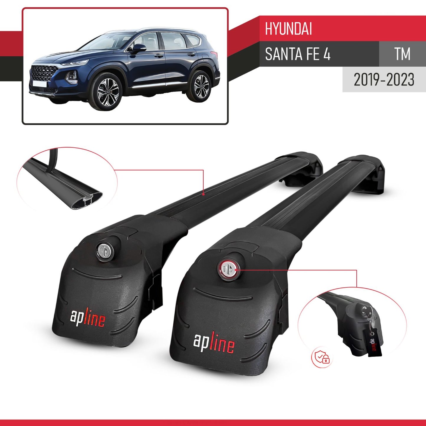 Kompatibel mit Hyundai Santa Fe 4 (TM) 2019-2023 ACE-2 Relingträger Dachträger Auto Gepäckträger Schwarz Aluminium 2 Stangen