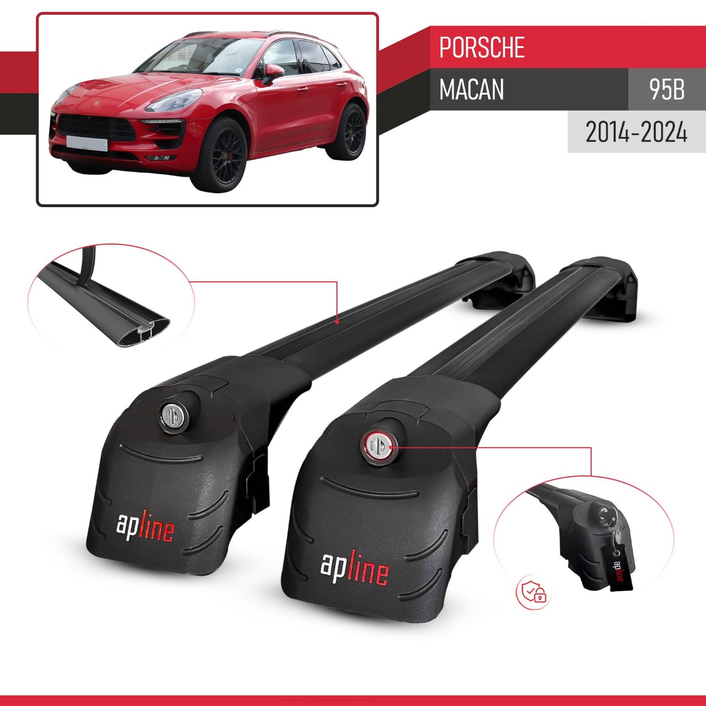 Kompatibel mit Porsche Macan (95B) 2014-2024 ACE-2 Relingträger Dachträger Auto Gepäckträger Schwarz Aluminium 2 Stangen