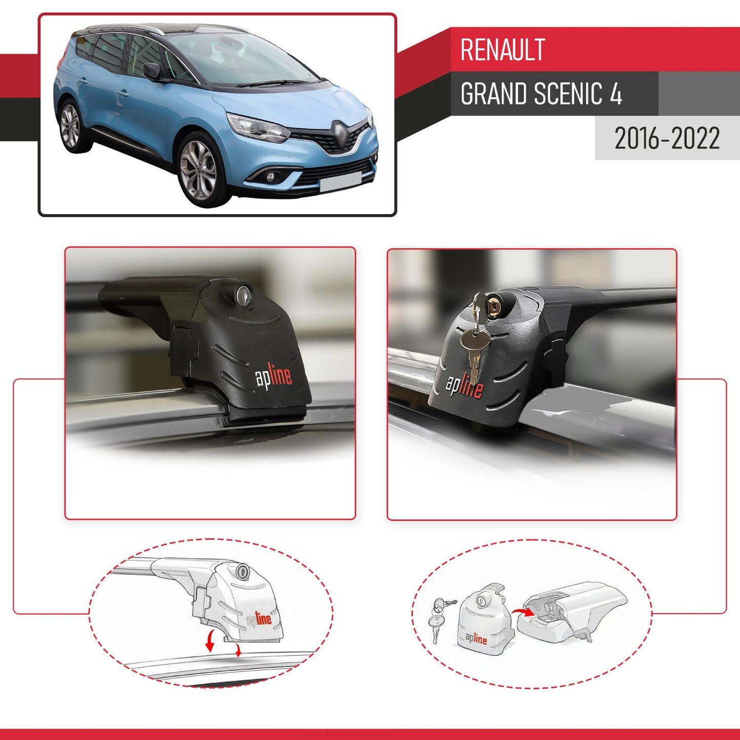 Compatible avec Renault Grand Scenic 4 2016-2022 ACE-2 modèle Barres de Toit Railing Porte-Bagages de Voiture Noir Aluminium Barres